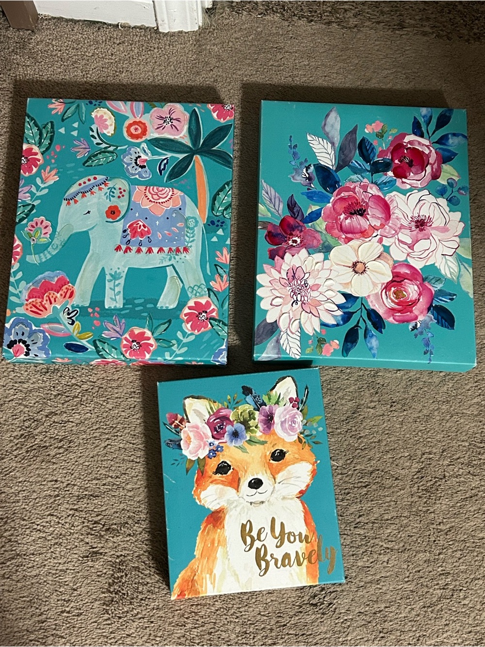 Teal Floral & Fox Canvas Wall Art Set - Be You Brave